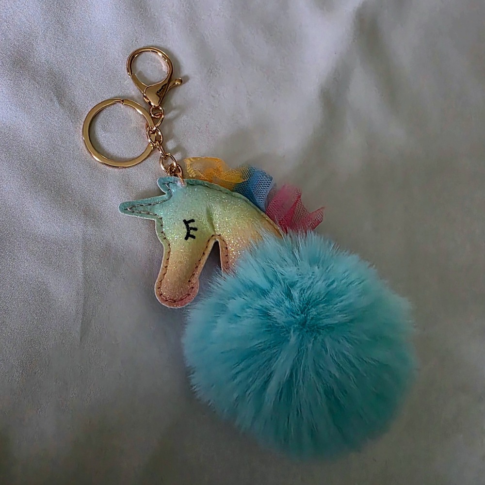 Rainbow Glitter Unicorn Pom Pom Keychain Gold Tone Bag Charm Aqua Blue NEW